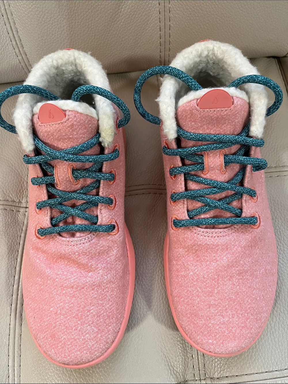 allbirds Pink Lace-Up Fleece-Lined Women's Boots with Teal Laces